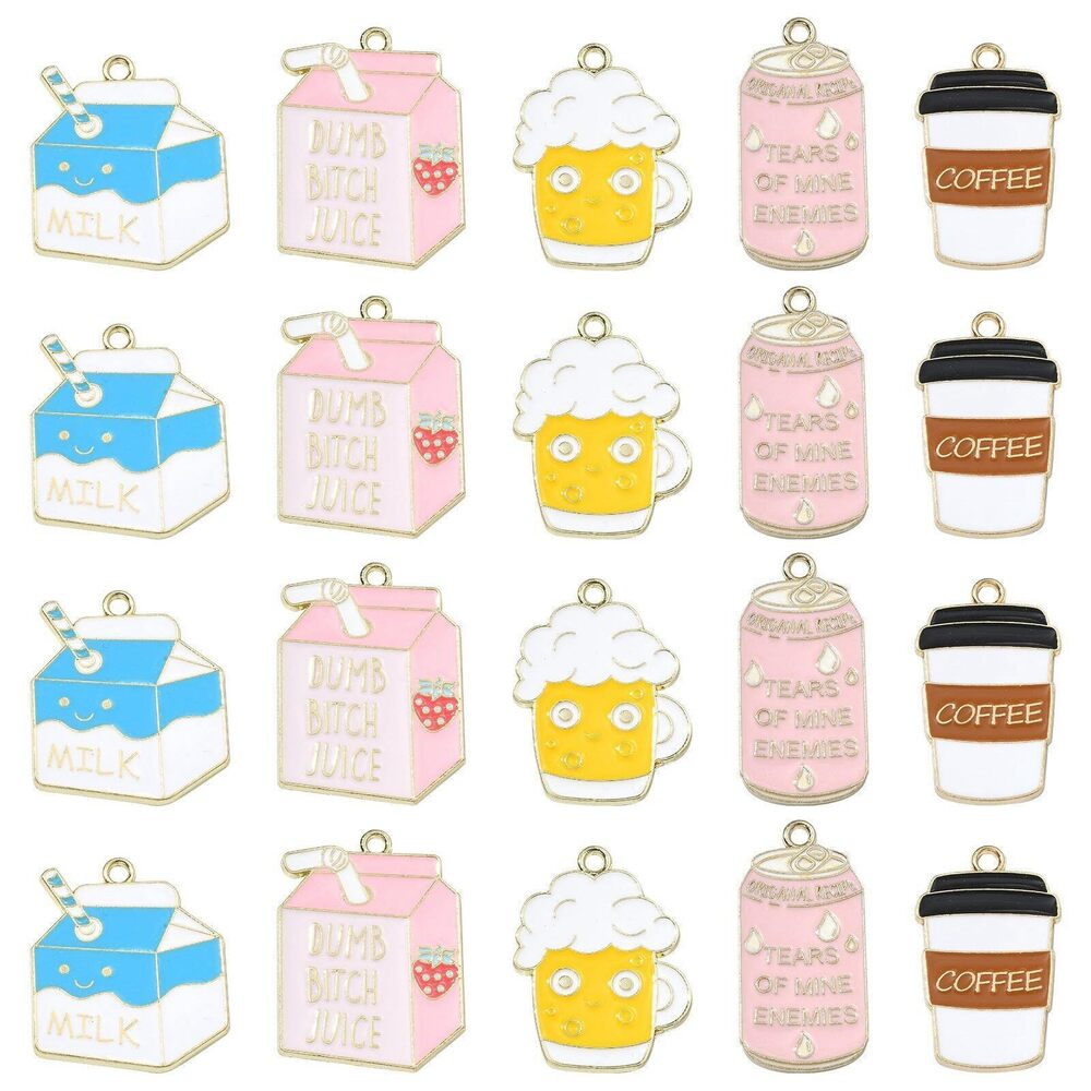 1474 20 Pcs 5 Styles Enamel Assorted Drink Themed Charms Milk Box Coffee